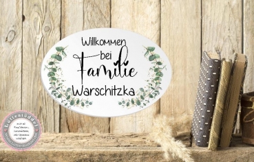 Preview: zauberhaftes ovales Türschild Eukalyptus und Wunschname - zur Einweihung, Richtfest, Einzug Geburtstag vonLüttentüddel®